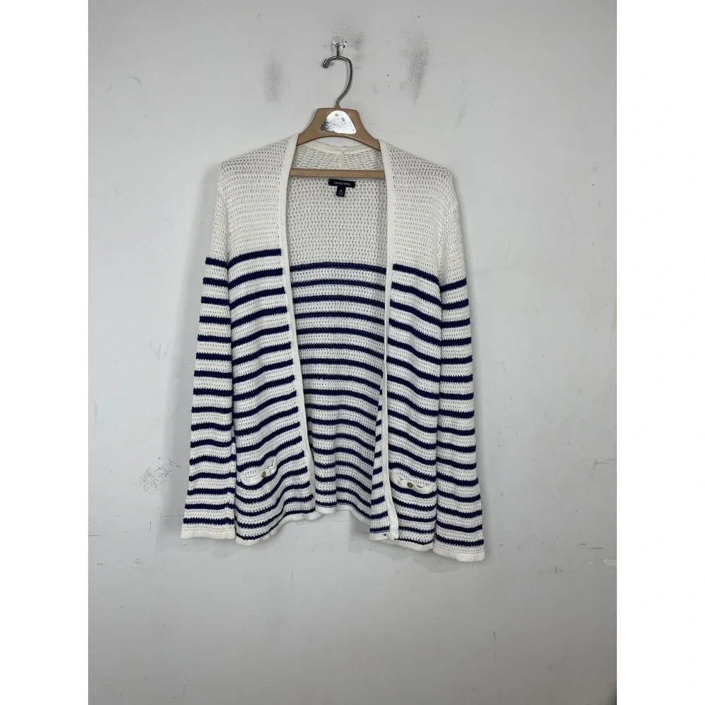 Lands End Womens Medium White Navy Blue Striped Linen Cotton Cardigan Sweater